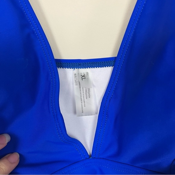 ONE PIECE SWIMSUIT PLUNGE V RUFFLE NECKLINE WITH BELT COBALT BLUE SIZE XL - Picture 6 of 15